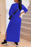 Blue Casual Solid Split Joint O Neck Long Sleeve Dresses