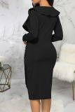 Black Casual Solid Patchwork Flounce Asymmetrical V Neck One Step Skirt Dresses
