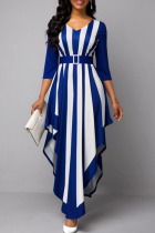 Blue Casual Striped Print Patchwork Asymmetrical V Neck Long Sleeve Dresses