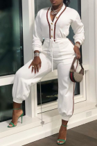 White Casual Solid Draw String V Neck Harlan Jumpsuits