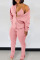 Pink Casual Solid Split Joint Buckle Slit V Neck Long Sleeve Two Pieces