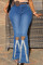 Medium Blue Fashion Casual Solid Hollowed Out Split Joint High Waist Regular Denim Jeans (Without Belt)