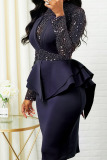Navy Blue Sexy Solid Patchwork Flounce Asymmetrical Sequins Half A Turtleneck One Step Skirt Dresses