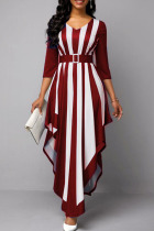 Red Casual Striped Print Patchwork Asymmetrical V Neck Long Sleeve Dresses