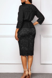 Black Sexy Solid Bandage Hollowed Out Patchwork V Neck One Step Skirt Dresses