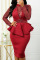 Red Sexy Solid Split Joint Flounce Asymmetrical Sequins Half A Turtleneck One Step Skirt Dresses