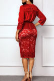 Red Sexy Solid Bandage Hollowed Out Patchwork V Neck One Step Skirt Dresses