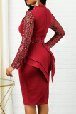 Red Sexy Solid Patchwork Flounce Asymmetrical Sequins Half A Turtleneck One Step Skirt Dresses
