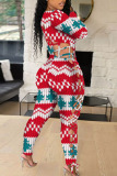 Red Green Sexy Print Hollowed Out Patchwork Frenulum O Neck Regular Jumpsuits