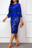 Blue Sexy Solid Bandage Hollowed Out Patchwork V Neck One Step Skirt Dresses