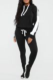 Black Casual Solid Patchwork Hooded Collar Long Sleeve Two Pieces