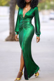 Green Sexy Plus Size Solid Slit V Neck Long Sleeve Evening Dress
