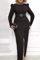 Black Elegant Solid Patchwork Slit Asymmetrical O Neck One Step Skirt Plus Size Dresses