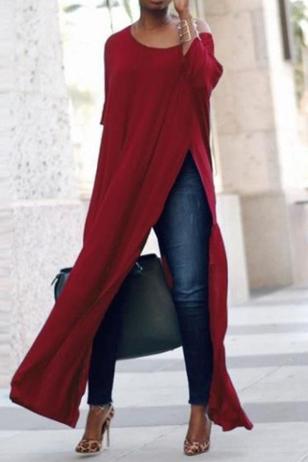 Red Casual Solid Patchwork Slit O Neck Straight Dresses