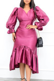 Pink Purple Fashion Casual Solid Patchwork V Neck Irregular Dress