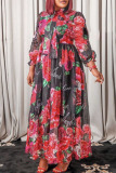 Black Casual Sweet Print Patchwork O Neck Straight Plus Size Dresses