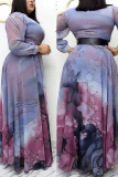 Purple Casual Elegant Print Split Joint V Neck Straight Plus Size Dresses