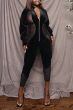 Brown Sexy Solid Patchwork See-through Zipper Collar Regular Jumpsuits