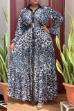 Gray White Casual Print Leopard Patchwork Buckle Turndown Collar Straight Plus Size Dresses
