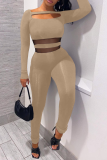 Khaki Sexy Solid Mesh Square Collar Long Sleeve Two Pieces