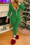 Green Casual Print Polka Dot Patchwork Buckle U Neck Plus Size Jumpsuits
