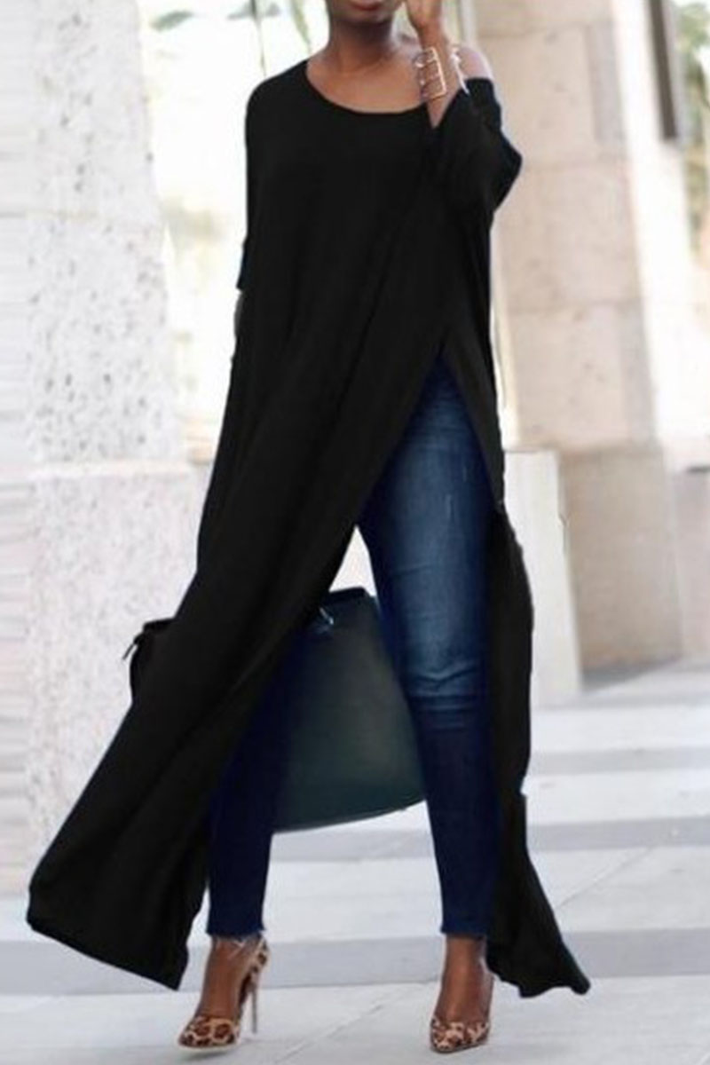 

Black Casual Solid Patchwork Slit O Neck Straight Dresses