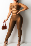Brown Fashion Sexy Solid Hollowed Out Backless Spaghetti Strap Skinny Jumpsuits