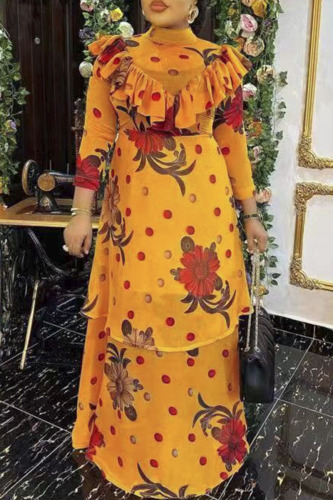 Yellow Sweet Print Patchwork Fold Half A Turtleneck Straight Plus Size Two Pieces