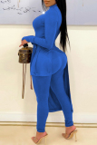 Blue Fashion Casual Solid Bandage Asymmetrical O Neck Long Sleeve Two Pieces