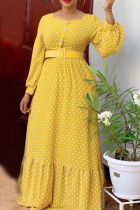 Yellow Sweet Print Polka Dot Split Joint Buckle Flounce O Neck Long Sleeve Plus Size Dresses