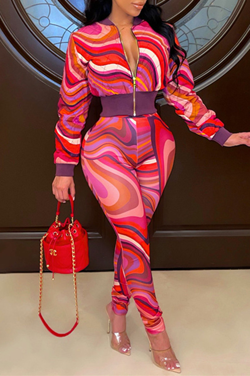 

Rose Red Fashion Casual Print Split Joint Zipper Collar Long Sleeve Two Pieces