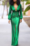 Green Sexy Plus Size Solid Slit V Neck Long Sleeve Evening Dress