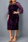 Purple Vintage Print Hollowed Out Split Joint See-through O Neck Straight Dresses