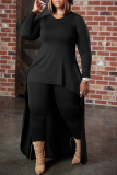 Black Fashion Casual Solid Asymmetrical O Neck Plus Size Two Pieces