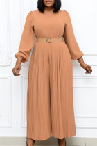 Khaki Fashion Casual Solid With Belt O Neck Regular Jumpsuits
