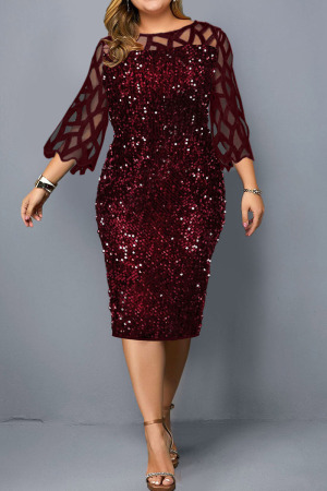 Burgundy Vintage Print Hollowed Out Split Joint See-through O Neck Straight Dresses