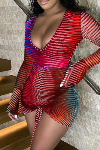 Red Fashion Sexy Striped Draw String V Neck Skinny Romper
