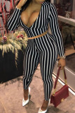 Black Sexy Striped Print Patchwork Zipper Turndown Collar Long Sleeve Two Pieces