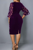 Purple Vintage Print Hollowed Out Patchwork See-through O Neck Straight Dresses