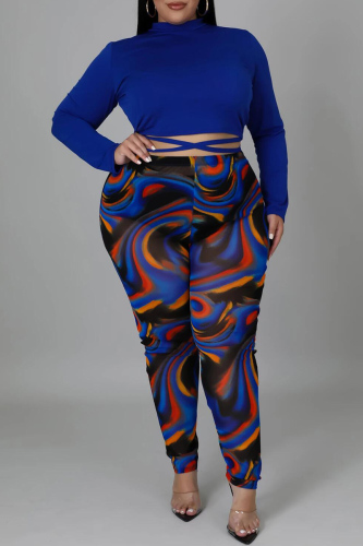 Blue Fashion Casual Print Bandage Hooded Collar Plus Size Two Pieces