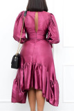 Pink Purple Fashion Casual Solid Patchwork V Neck Irregular Dress