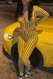 Yellow Sexy Striped Print Patchwork Zipper Turndown Collar Long Sleeve Two Pieces