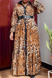 Brown Casual Print Leopard Patchwork Buckle Turndown Collar Straight Plus Size Dresses