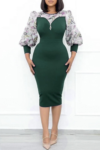 Green Fashion Casual Patchwork Zipper O Neck Long Sleeve Plus Size Dresses