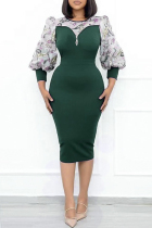 Green Fashion Casual Patchwork Zipper O Neck Long Sleeve Plus Size Dresses