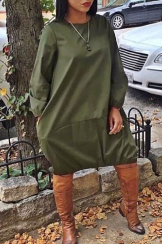 Army Green Casual Solid Patchwork O Neck Long Sleeve Dresses