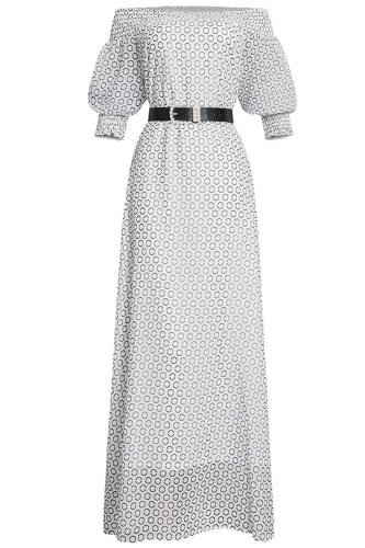 White Casual Sweet Print Patchwork Off the Shoulder Straight Dresses