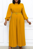 Green Fashion Casual Solid With Belt O Neck Regular Jumpsuits