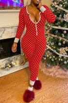 Red Casual Print Polka Dot Split Joint Buckle U Neck Plus Size Jumpsuits