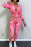 Yellow Sexy Striped Print Patchwork Zipper Turndown Collar Long Sleeve Two Pieces